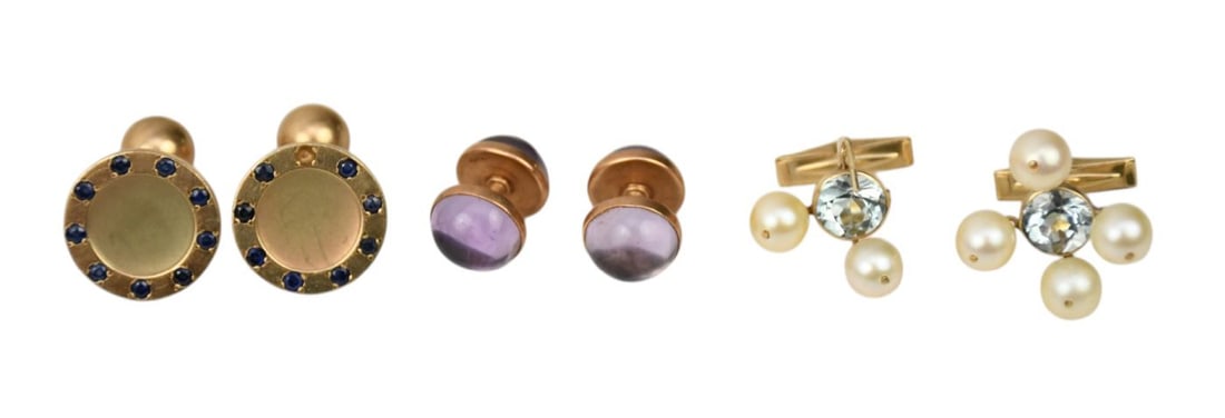3 - 14K Yellow Gold Cufflinks. Amethyst, Sapphire and Pearls with blue topaz. Sapphire cufflinks: 3 - 14K Yellow Gold Cufflinks. Amethyst, Sapphire and Pearls with blue topaz. Sapphire cufflinks missing 1 stone. Wt. 31.2 grams