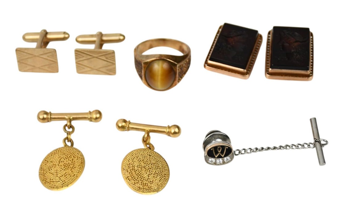 3 - 10k Yellow Gold Cufflink, tie Tac & 1 Ring. . Square ones marked with Larter mark, Intaglio and (1 of 8)