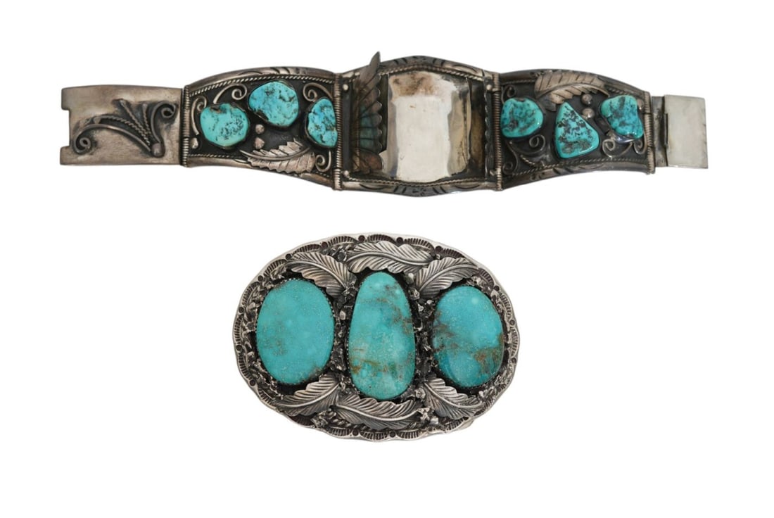 Native American Sterling Bracelet & Belt Buckle. Bracelet designed as a watch band cuff with (1 of 5)
