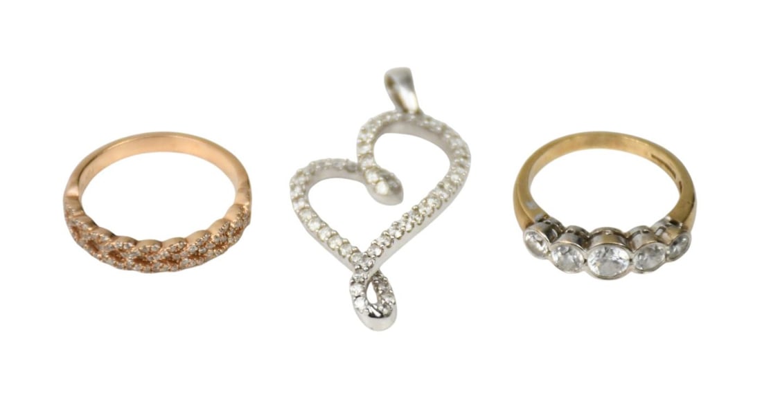 14K Yellow & White Gold Jewelry Lot. Size 6 ring with 5 CZ and Size 7 with diamond accents. White (1 of 3)