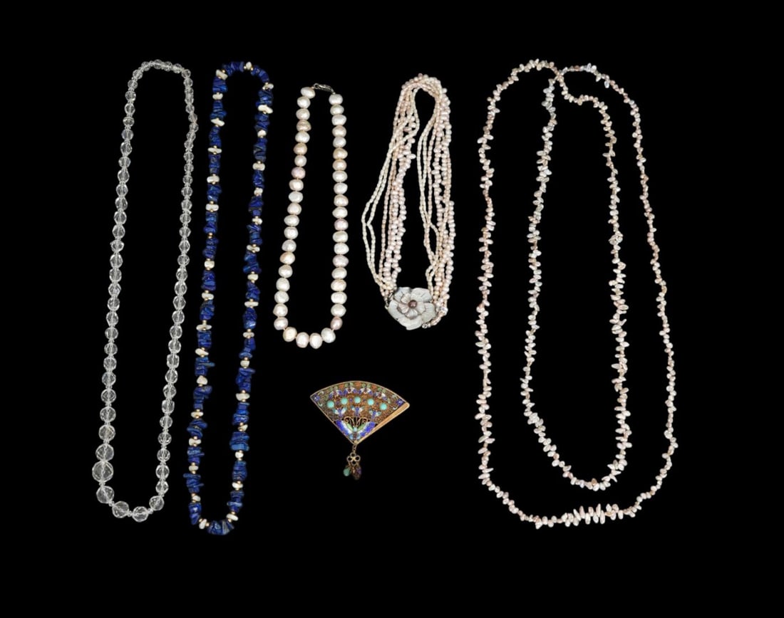 Costume Jewelry Lot. Pearl Necklaces, Lapis Necklace, Faceted Crystal Necklace. Necklaces 16" - 62": Costume Jewelry Lot. Pearl Necklaces, Lapis Necklace, Faceted Crystal Necklace. Necklaces 16" - 62" and Silver Gilt Enamel Fan Brooch 2.5"