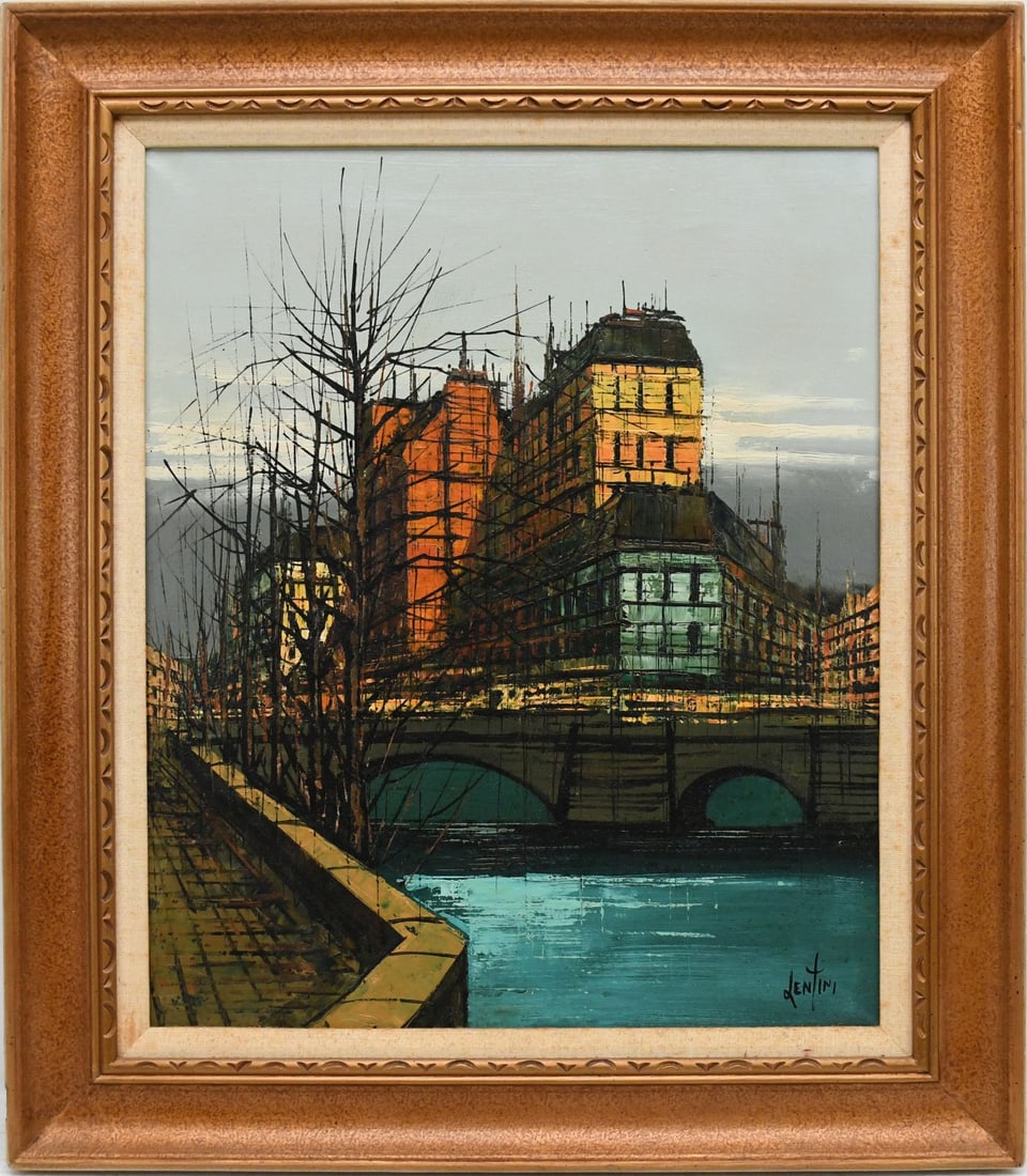 20th Century French River/Bridge Scene in the Manor of Bernard Buffet, oil on canvas, pntg.24 x 20 (1 of 5)