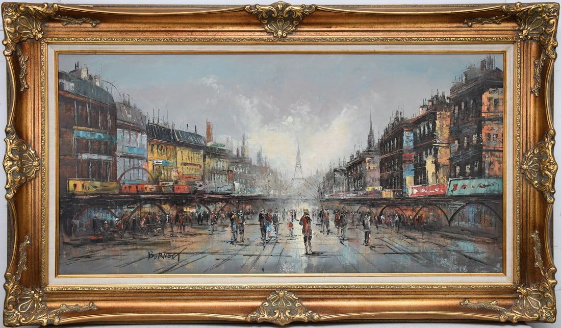 20th Cent. French street scene sign Burnett, oil on canvas, 24 x 48 inches. overall frame size, 34 x: 20th Cent. French street scene sign Burnett, oil on canvas, 24 x 48 inches. overall frame size, 34 x 58 inches. cop