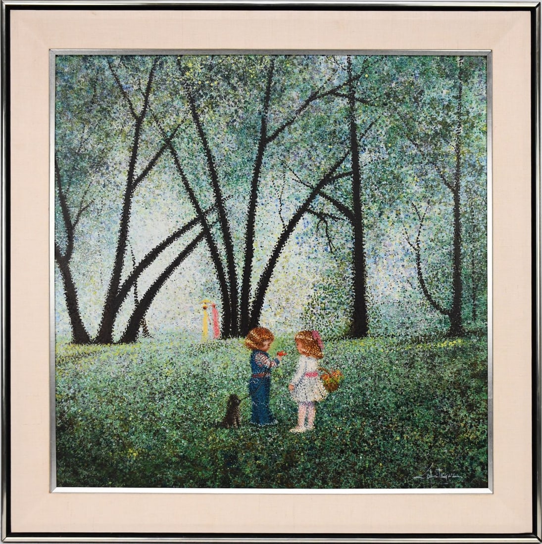 Illegibly signed- Oil on canvas, pointillist style, children picking flowers in the park, 30 x 30 (1 of 5)