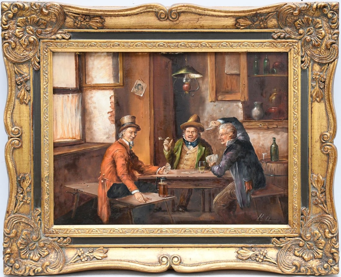 Oil On Board Tavern Scene, Men Playing Cards, Signed Illegibly, Panel 11 3/4" x 15 1/2", Gilt Frame (1 of 4)