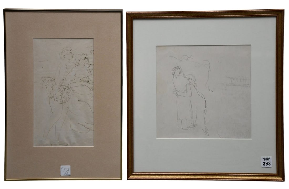 2 Pieces: Ernst Ludwig Kirchner (German, 1880-1938), Pencil drawing on paper, couple embracing No: 2 Pieces: Ernst Ludwig Kirchner (German, 1880-1938), Pencil drawing on paper, couple embracing No visible signature. 9-1/2 x 9-1/2 inches. Overall framed 17 x 15-1/2 inches. Provenance: Label Sheldon 
