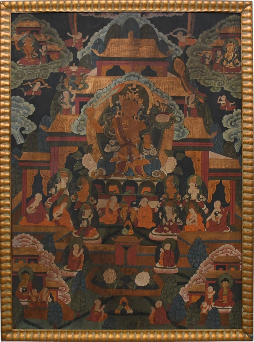 Large Tibetan Thangka painting on canvas. Central Shakyamuni Buddha seated on a lotus throne, (1 of 6)