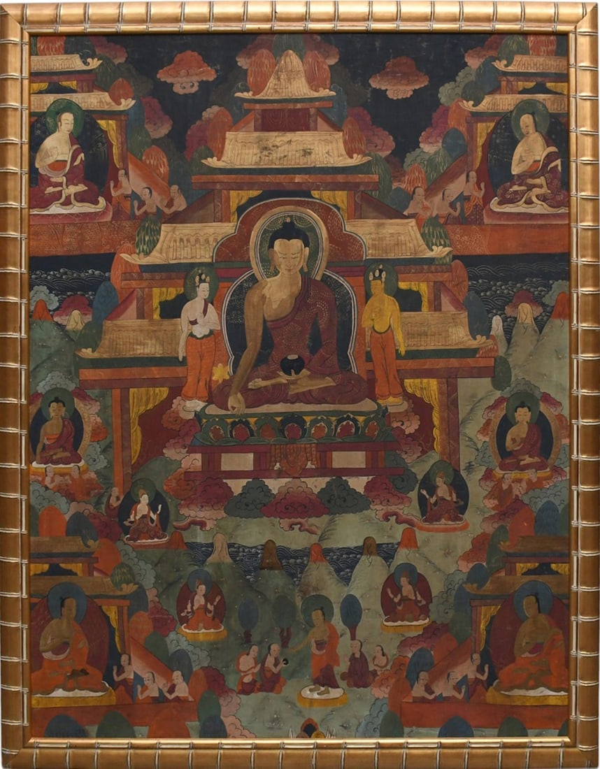 Large Tibetan Thangka painting on canvas. Central Buddha Deity in lotus position, surrounded by (1 of 10)
