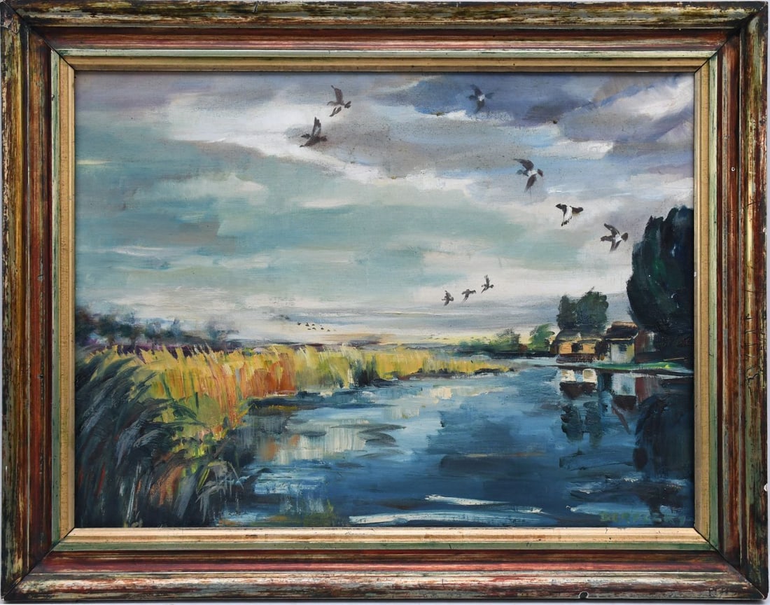 Bereczky oil on artist board landscape marsh cabin and birds, 18 x 24? overall frame size 28 x 22 (1 of 7)