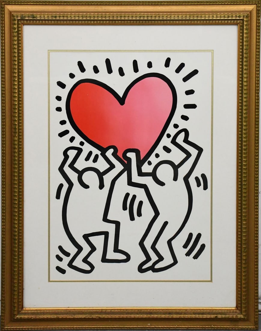 Keith Haring (American, 1958-1990) "Hearts" Silkscreen in Color, Coa on Verso, site size 31.5"h x: Keith Haring (American, 1958-1990) "Hearts" Silkscreen in Color, Coa on Verso, site size 31.5"h x 23"w, Overall Frame 45"h x 37"w