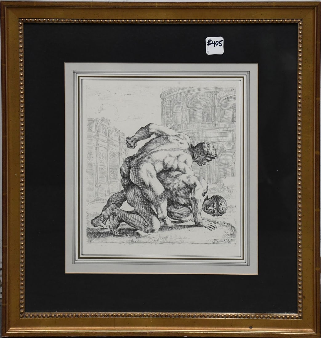 Print After Francois Perrier, The Medici Wrestlers, framed 19-1/2 x 18 inches. (1 of 4)