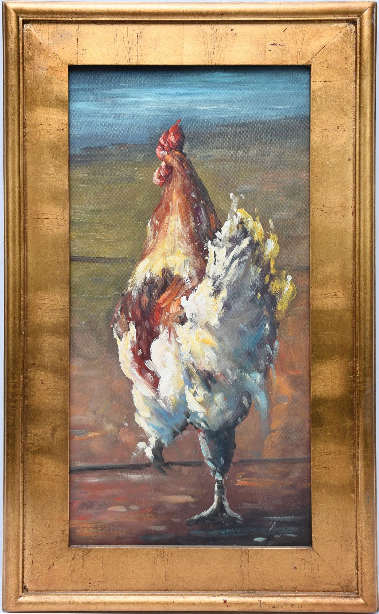 Oil on Canvas Rooster Painting, 20th c, Canvas 24" x 12" & Frame 30" x 17 1/2" (1 of 3)
