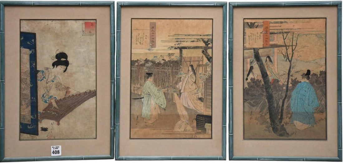 3 Japanese woodblock prints: 2 by Ogata Gekk? (1859?1920) from the series "The Fifty-four Chapters: 3 Japanese woodblock prints: 2 by Ogata Gekk? (1859?1920) from the series "The Fifty-four Chapters of the Tale of Genji" published in 1892. This antique Japanese ukiyo-e woodblock print features a wom