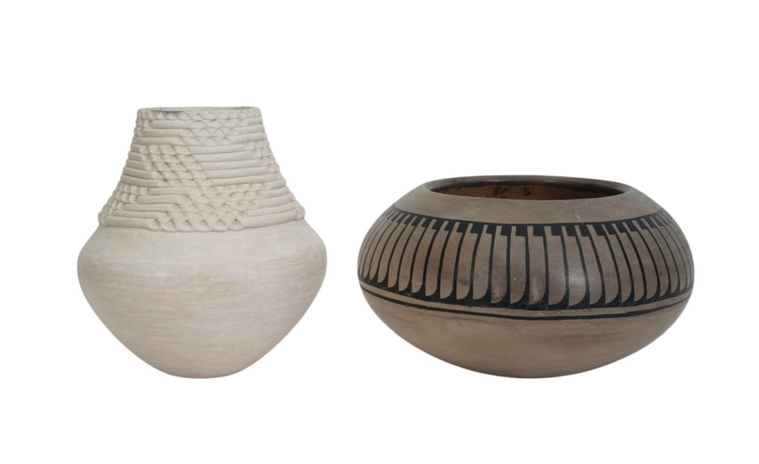 2 Indian Pottery Vases, White Signed S. Shutivo Acoman, Mexico (8 1/2"h x 3 1/2"w) AND Black Design (1 of 9)