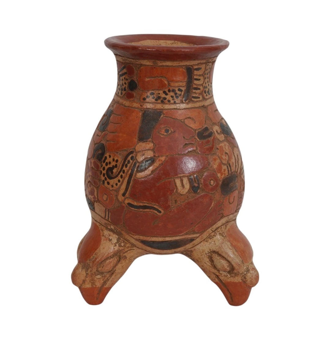 Pre-Columbian Indian Pot, Incised Design All Over & 3 Bird Form Feet, 10 3/4"h x 7 1/2"d: Pre-Columbian Indian Pot, Incised Design All Over & 3 Bird Form Feet, 10 3/4"h x 7 1/2"d