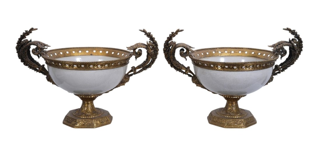 Pair Impressive Huge Centerpiece Bowls With Craquelure, Handles with Masks and Floral & Leaf Motif,: Pair Impressive Huge Centerpiece Bowls With Craquelure, Handles with Masks and Floral & Leaf Motif, 18"h x 17"w