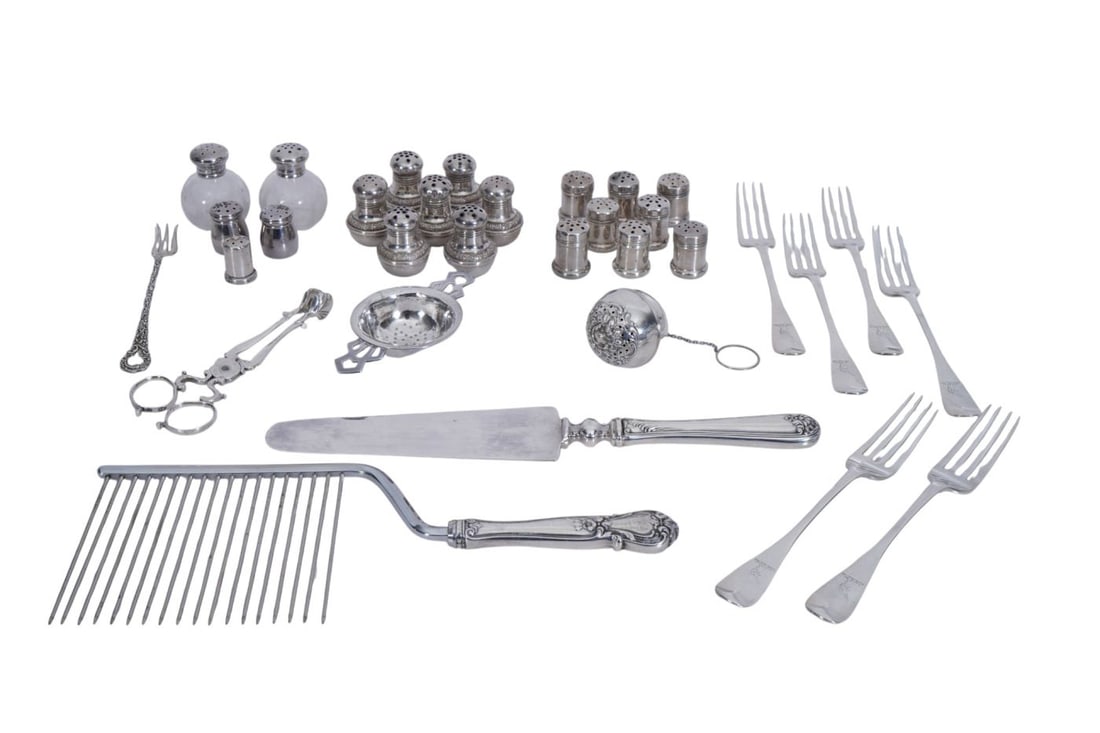 Lot of Sterling Salt & Pepper Shaker, Sterling Forks (6"L), Tea Strainers, Candlewick Scissors & 3 (1 of 18)