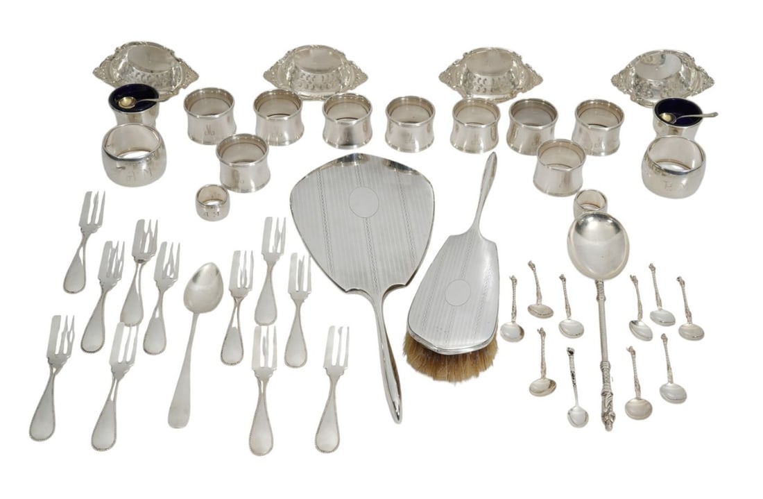 Lot of Sterling Tablewares; 2 Salts with Cobalt Liners & Spoons, 4 Nut Dishes, 10 Apostle Demitasse (1 of 17)