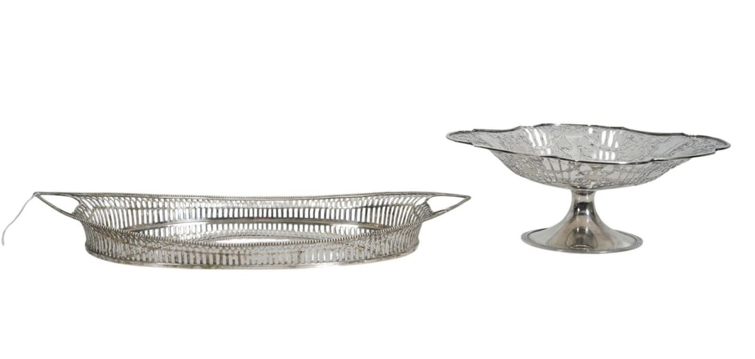 Continental Silver Oval Reticulated Tray AND Reticulated Bon Bon Dish on Pedestal, 34 ozt. Largest 1: Continental Silver Oval Reticulated Tray AND Reticulated Bon Bon Dish on Pedestal, 34 ozt. Largest 1 3/4"h x 15 1/4"w x 9"d