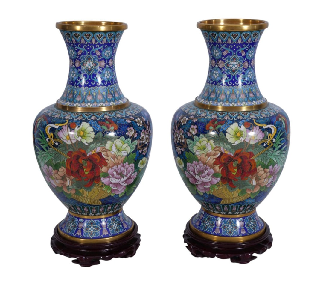 Pair 20th c. Cloisonne Vases, Vibrant Colors On Stands, 17"h x 10"w (1 of 11)