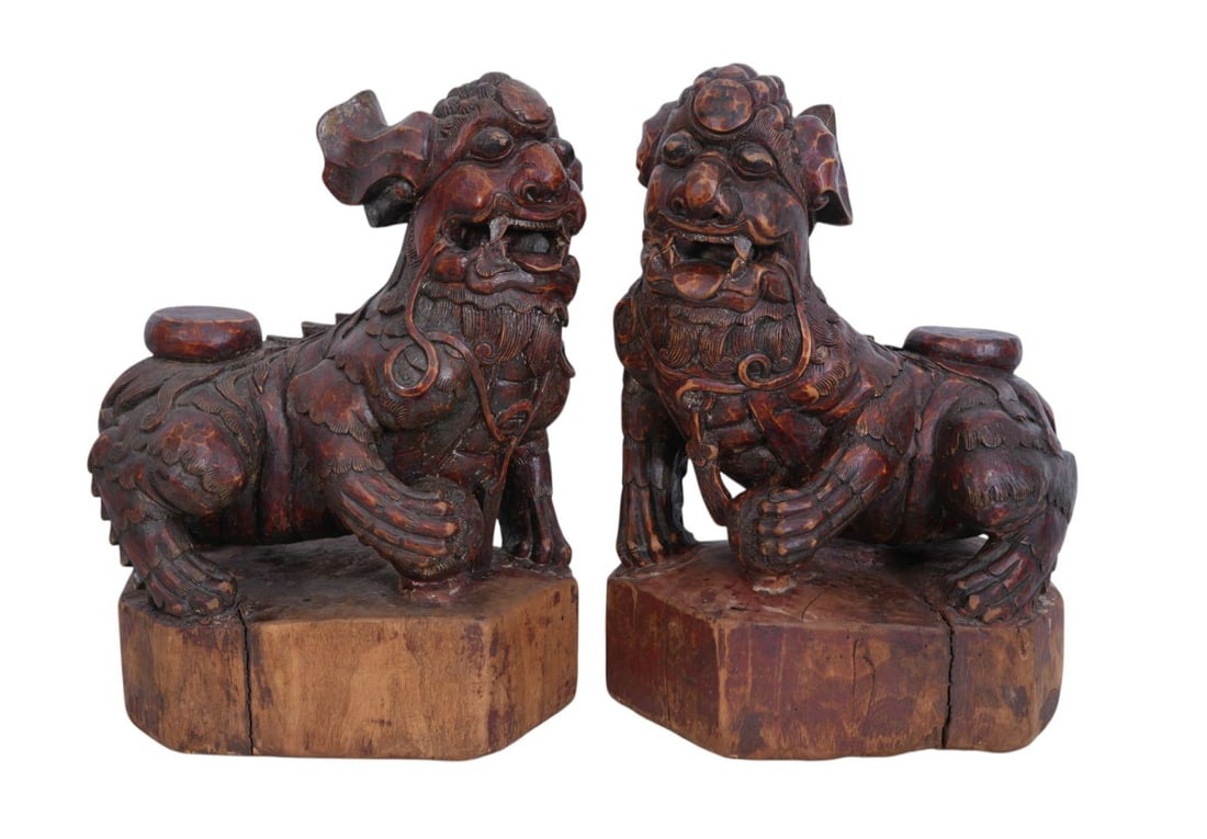 Pair 19th c. Carved Wood Chinese Foo Dogs, 15"h x 10"w (1 of 7)