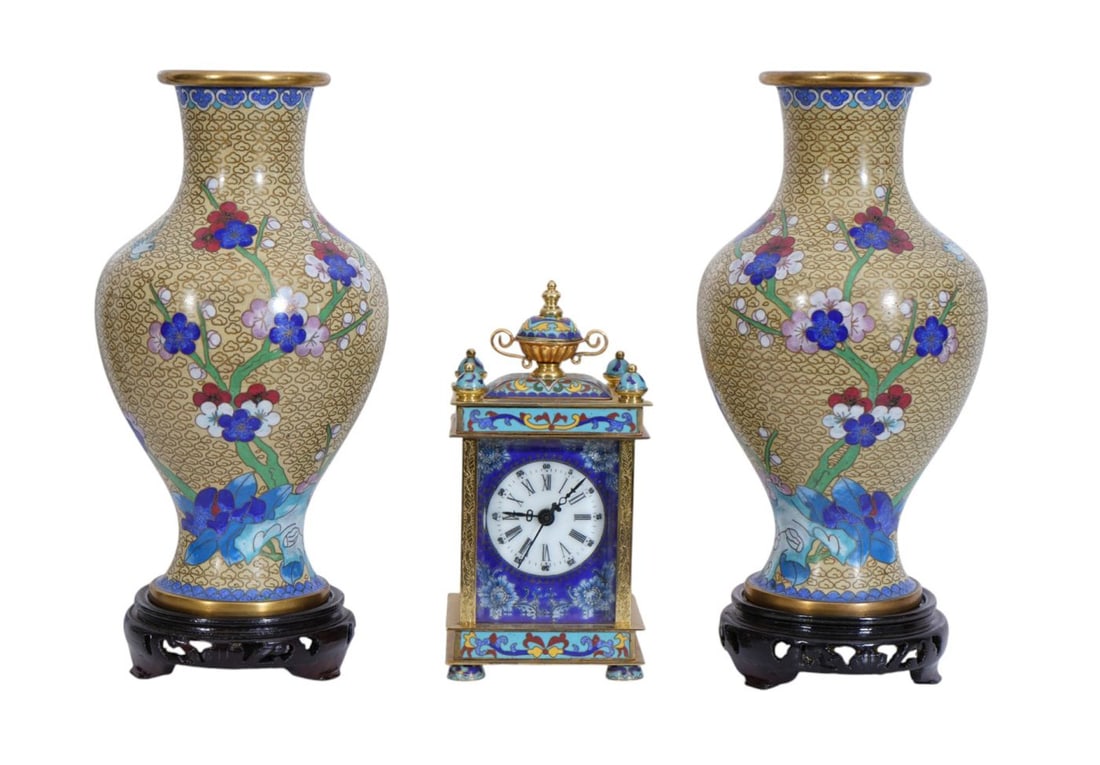 3 Pcs. Chinese Cloisonne Tablewares, Pair Vases (11"h x 6"w), AND Carriage Clock with Enamel & (1 of 9)