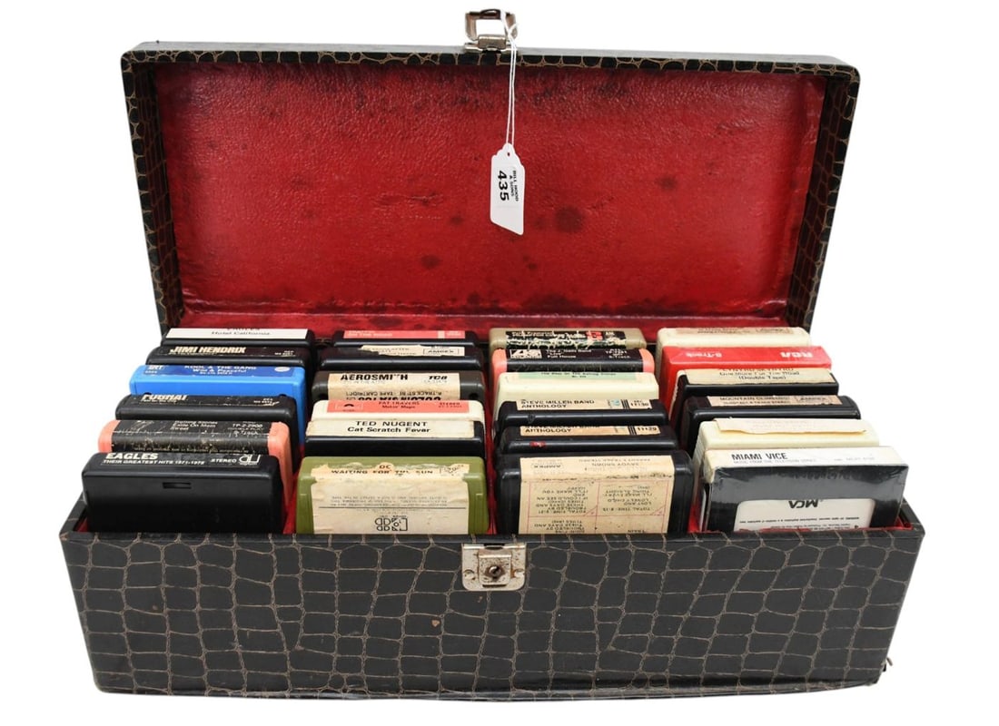 24pcs. Vintage Rock & Roll Eight Track Tapes in Case, 6"h x 17"w x 8"d: 24pcs. Vintage Rock & Roll Eight Track Tapes in Case, 6"h x 17"w x 8"d
