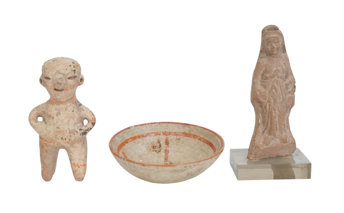 3 Pre-Columbian Pottery Objects, Bowl & 2 Figures, Largest 6 1/2"h x3"w, Bowl 1 1/2"h x 4 3/4"dia (1 of 8)