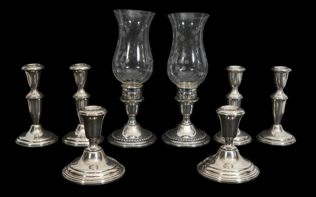 4 Pairs Weighted Silver Candleholders, Including Pair Hurricane Lights (1 of 12)