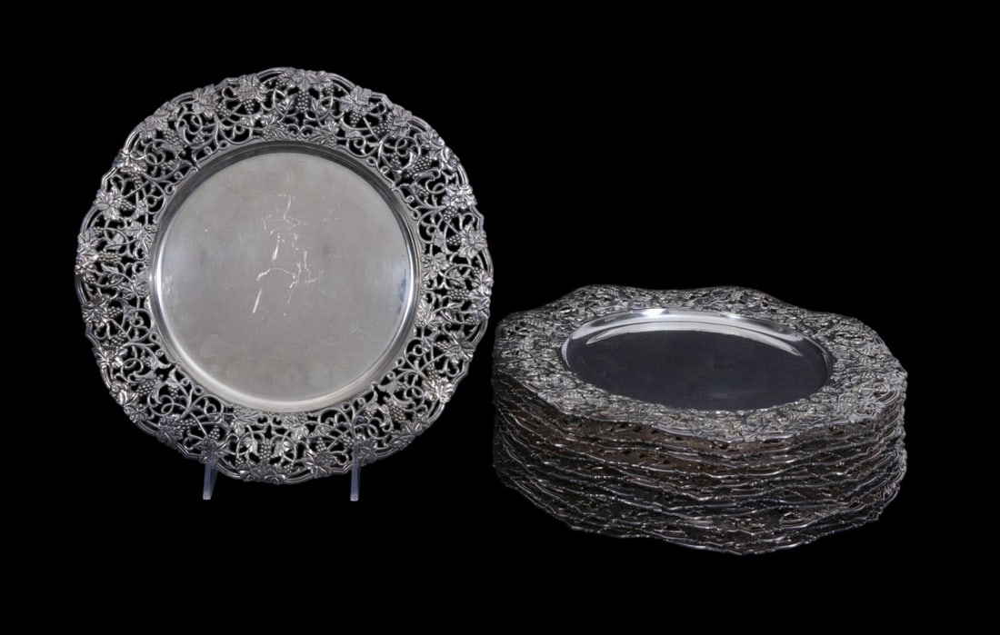 12 Silverplate Reticulated Rim Serving Plates, Stamped Burgundy, 10 1 /2"dia (1 of 7)
