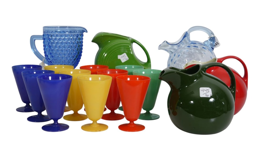 American Vintage Glassware, 2 Blue Glass Pitchers & 11 Colored Glases (5 3/4"h) AND 3 Hall Pitchers (1 of 9)