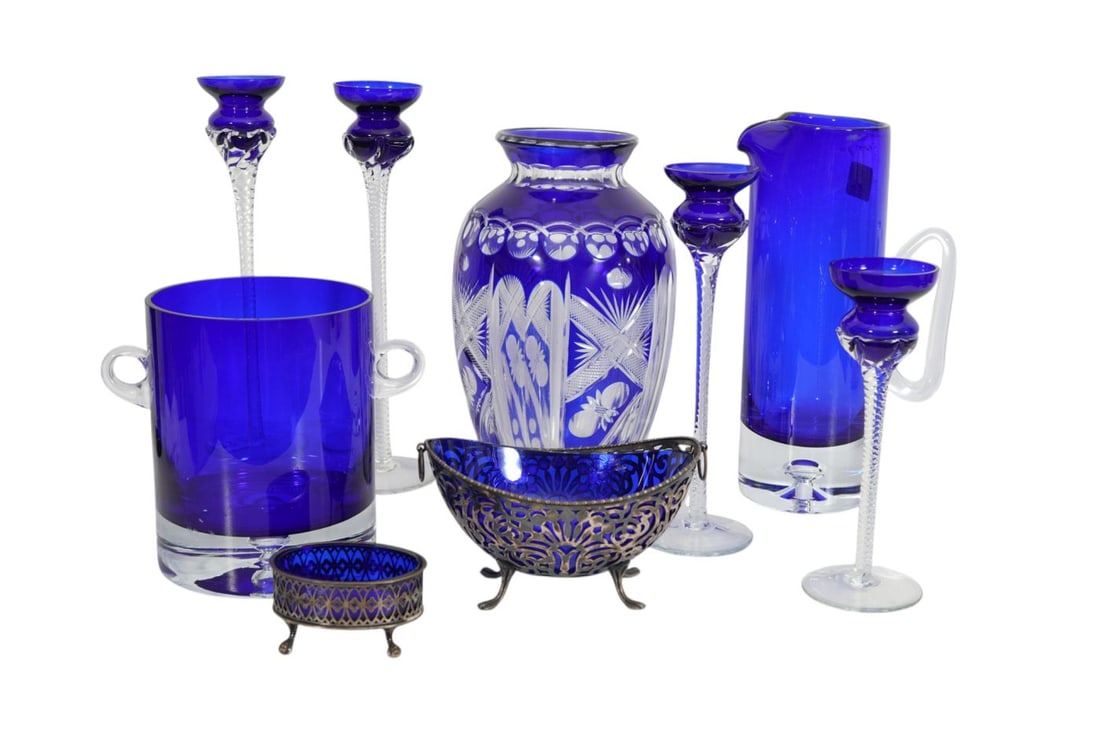 9 Assorted Cobalt Glass Tablewares, 2 Antique Pieces in Silverplate Frames, 12"h x 2 1/2"w (1 of 11)
