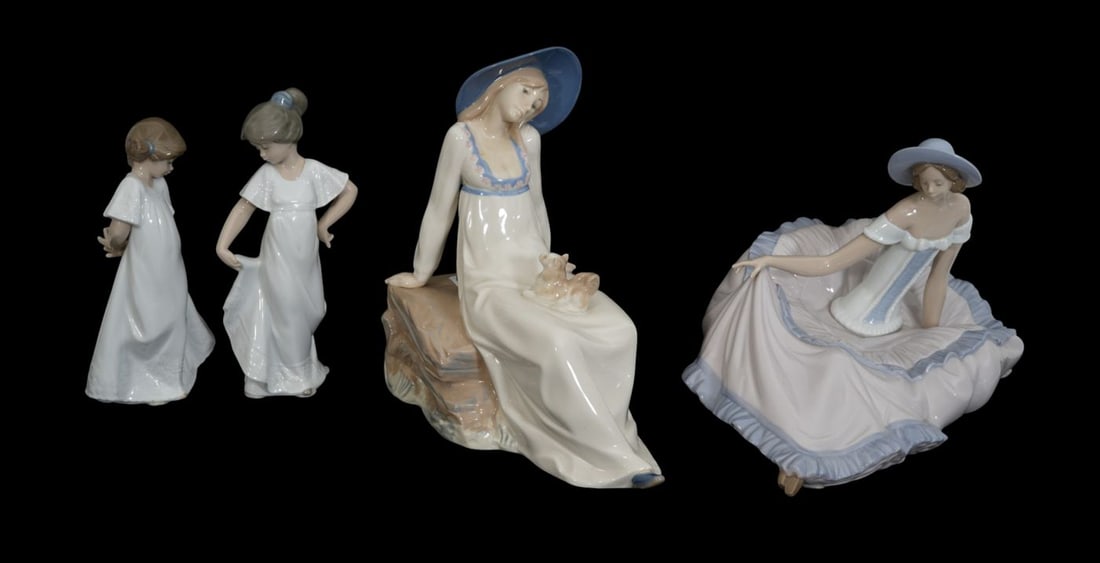 3 NAO Porcelain Figures, Seated Lady with Dress & 2 Girls (8"h x 12"w) AND Rex Porcelain Seated Lady (1 of 7)