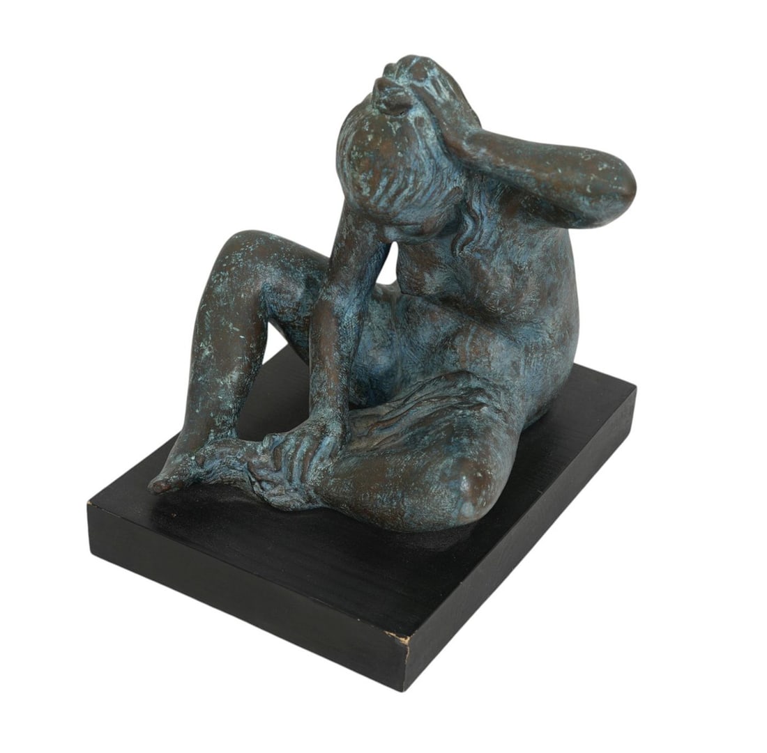 Bronze Seated Female Nude Sculpture with Blue Patina, Rebecca Chavez, 1987, 11"h x 10"w x 8"d: Bronze Seated Female Nude Sculpture with Blue Patina, Rebecca Chavez, 1987, 11"h x 10"w x 8"d