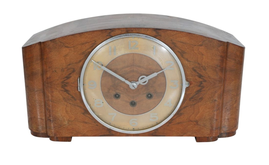 Art Deco Burled Wood Mantle Clock with Pendulum & Key, 9"h x 17"w x 6"d (1 of 8)