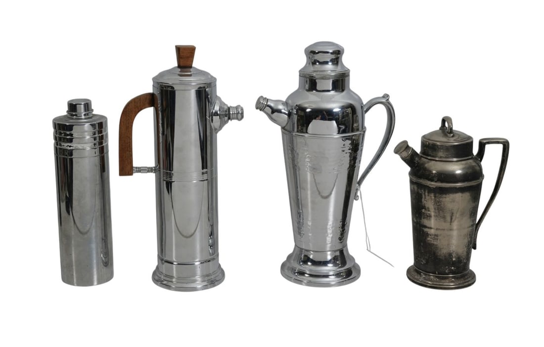 4 Pcs. Vintage Barware, Polished Chrome Cocktail Shaker 11"h, Chrome Faberware Cocktail Shaker 12"h, (1 of 12)