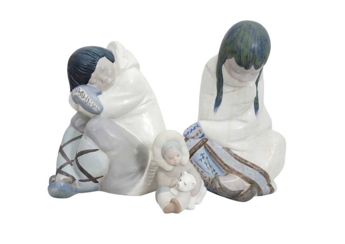 3 Pcs. Lladro Porcelain Eskimos Figurines, Largest 11 1/2"h x 7 1/2"w x 7 1/2"d (one with repaired (1 of 6)