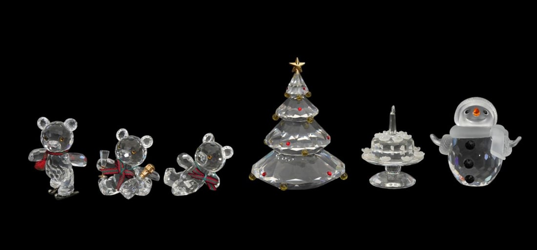 6 Pcs. Swarovski Crystal Figures, Christmas Trees, Snowman, 3 Bears and Birthday Cake, 3 1/2"h x 2"w (1 of 7)