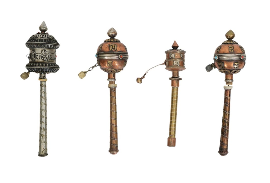 4 Vintage Hand Held Tibetan Prayer Wheel with Some Inlay Coral & Turquoise, 9" x 2 1/2" (1 of 7)