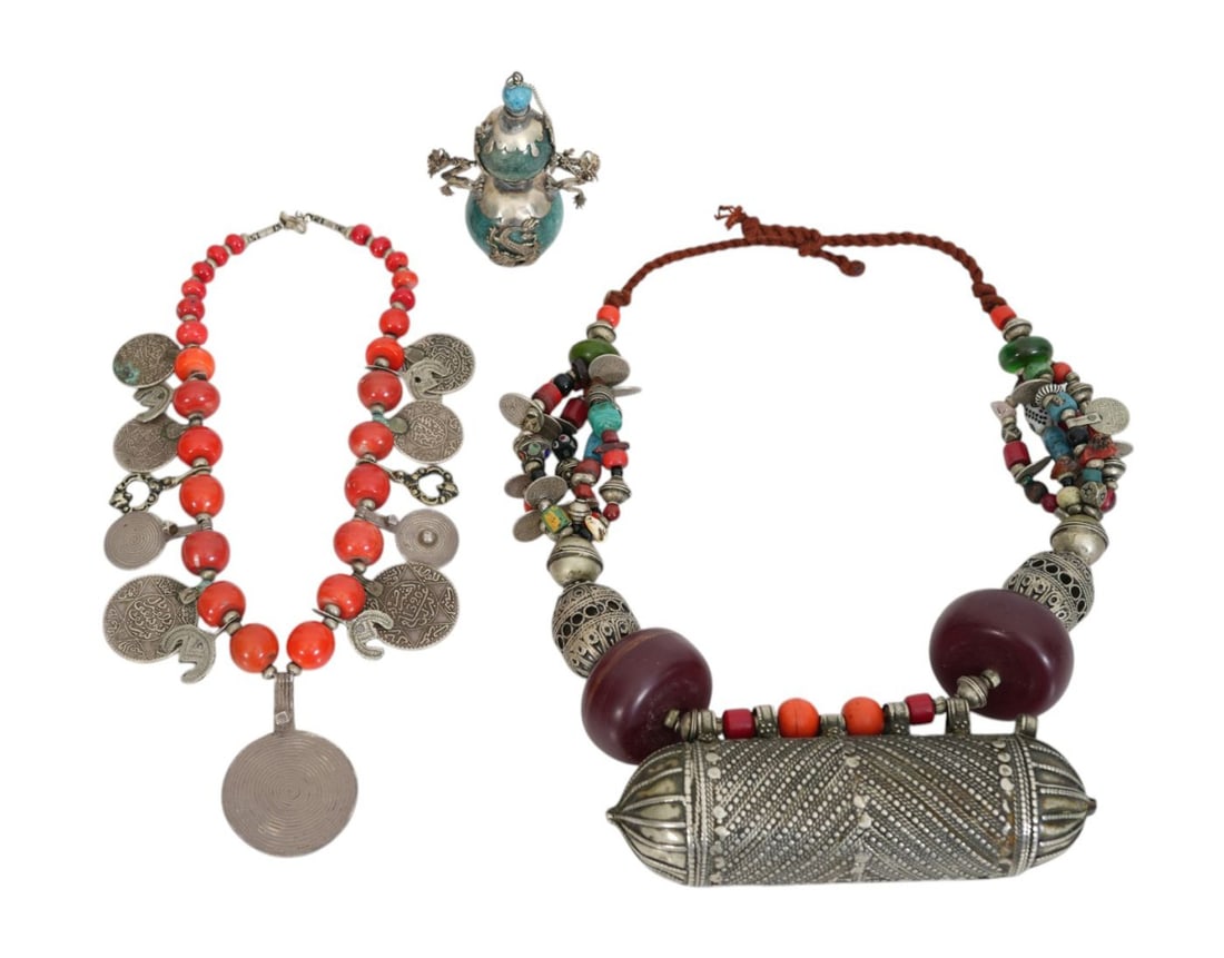 3 Persian/Chinese Items, Silver Yemeni Tawiz Amulets with Coral & Turquoise, Chinese Green Sphere: 3 Persian/Chinese Items, Silver Yemeni Tawiz Amulets with Coral & Turquoise, Chinese Green Sphere Snuff Bottle AND Vintage Berber Necklace