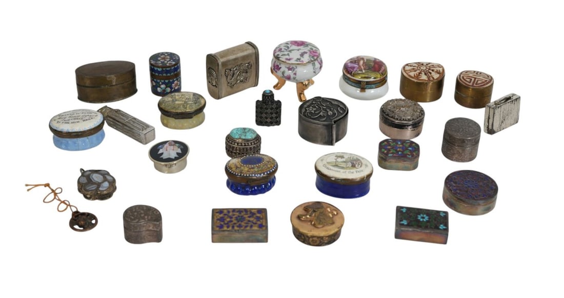 Collection of Vintage Trinket Boxes, Porcelain, Metal, Inlay and Painted, Largest 2"h x 2"w (1 of 15)