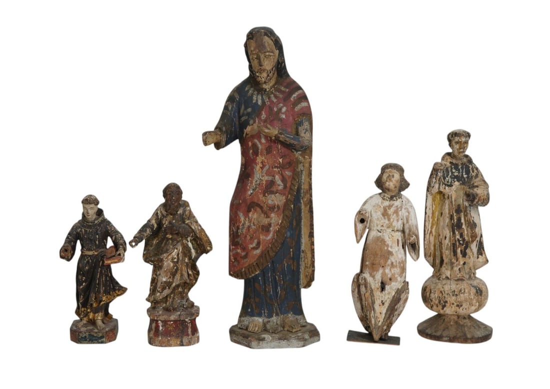 Collection of 5 Santos, 18/19th c, Largest Saint Old Polychrome Paint, Largest 17"h x 6"w (1 of 9)
