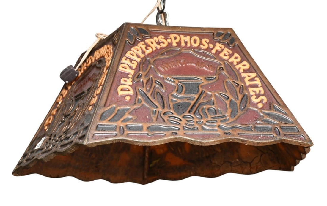 Vintage Dr. Pepper Phosph-Ferrates Hanging Light with Faux Stained Glass, 10" x 21" (1 of 4)