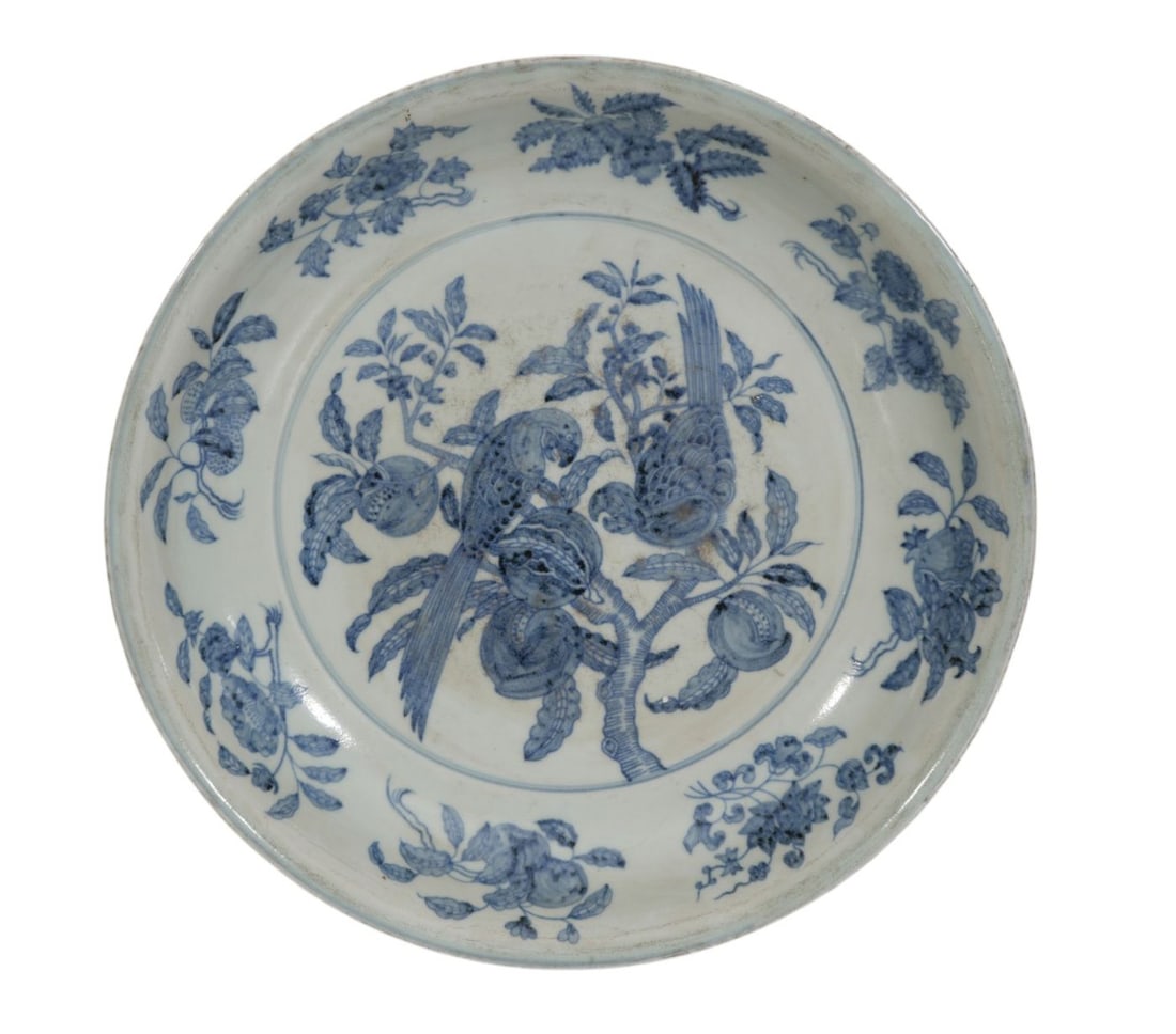 Large Chinese Shallow Bowl, Blue & White With Floral & Bird Design, 3"h x 15 1/2"d (1 of 7)