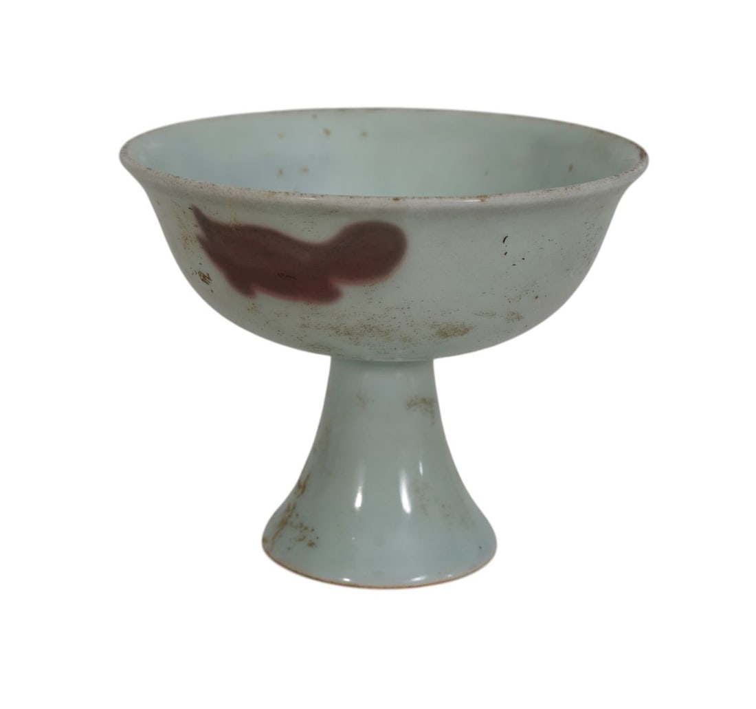 Small Chinese Porcelain Stem Cup with Red/Purple Design, 2 1/2"h x 3"d: Small Chinese Porcelain Stem Cup with Red/Purple Design, 2 1/2"h x 3"d