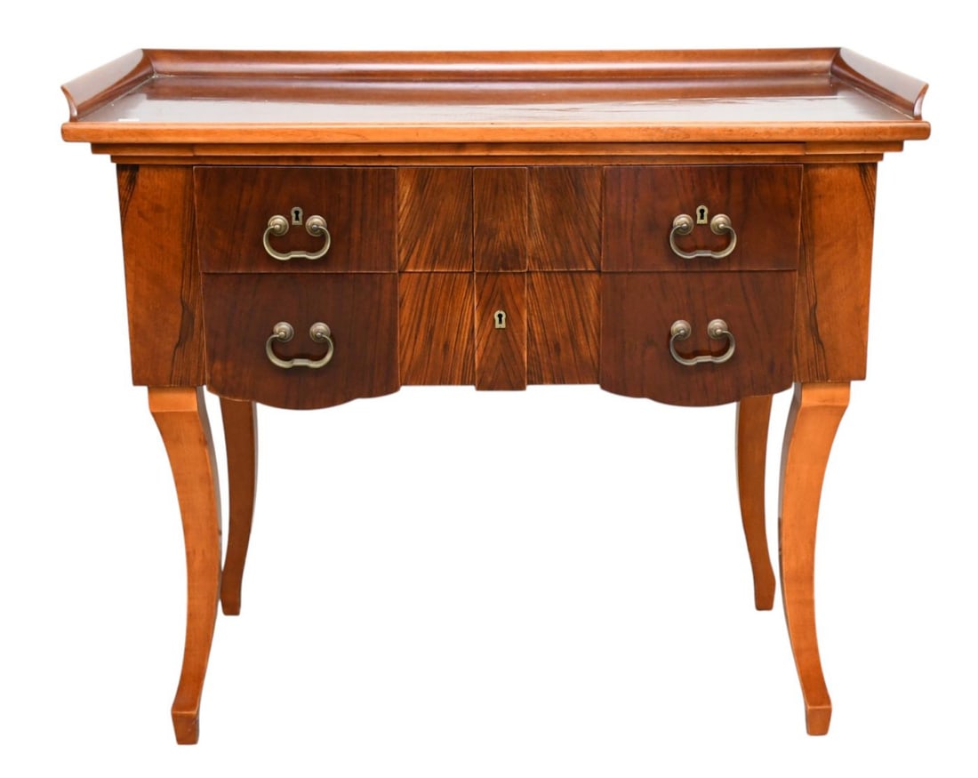 Biedermeier 3 Drawer Side Table with Gallery Rim, Raised on Sabre Legs, 37"h x 44"w x 24"d ***If: Biedermeier 3 Drawer Side Table with Gallery Rim, Raised on Sabre Legs, 37"h x 44"w x 24"d***If this item is not picked up by the Friday following the auction, it will be moved to offsite storage and 