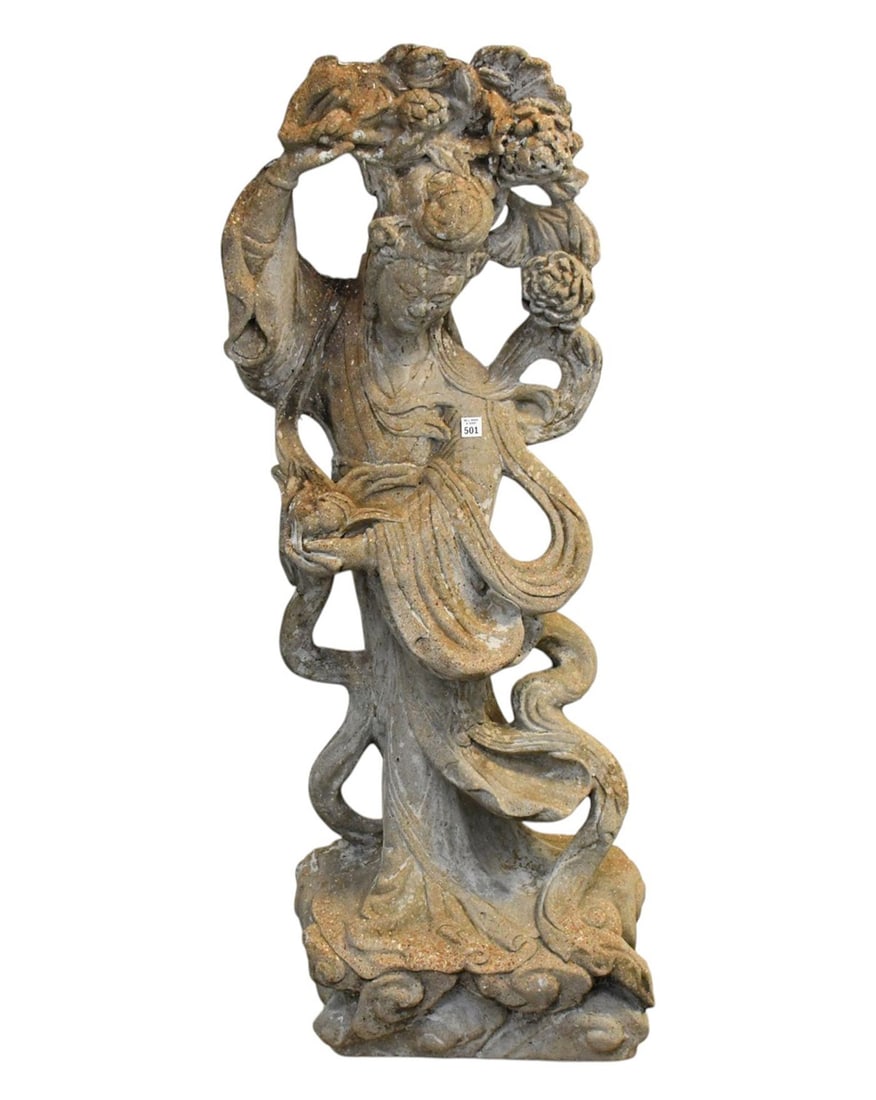 Large Vintage Chinese Cement Quan Yin Garden Figure, 53"h x 19"w x 12"d (1 of 6)