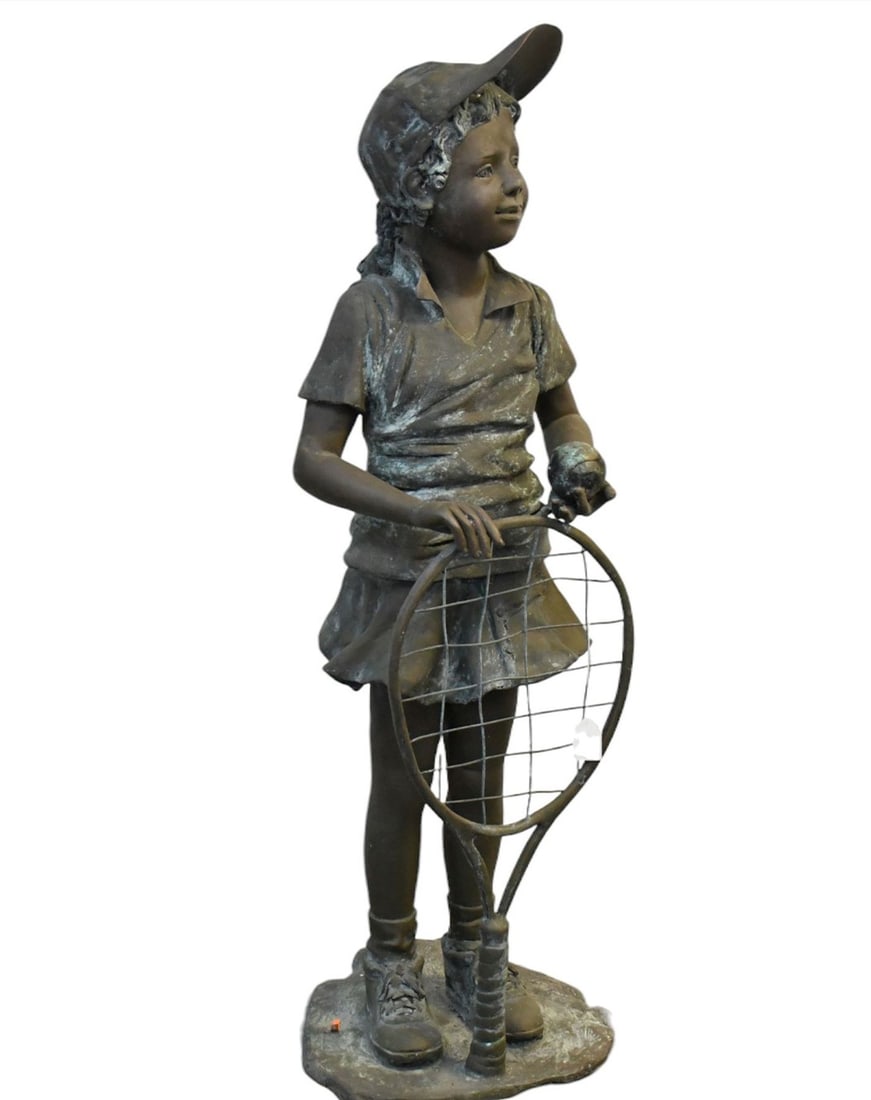 Bronze Garden Sculpture, Girl with Tennis Racket, 50"H x 19"w x 12"d: Bronze Garden Sculpture, Girl with Tennis Racket, 50"H x 19"w x 12"d