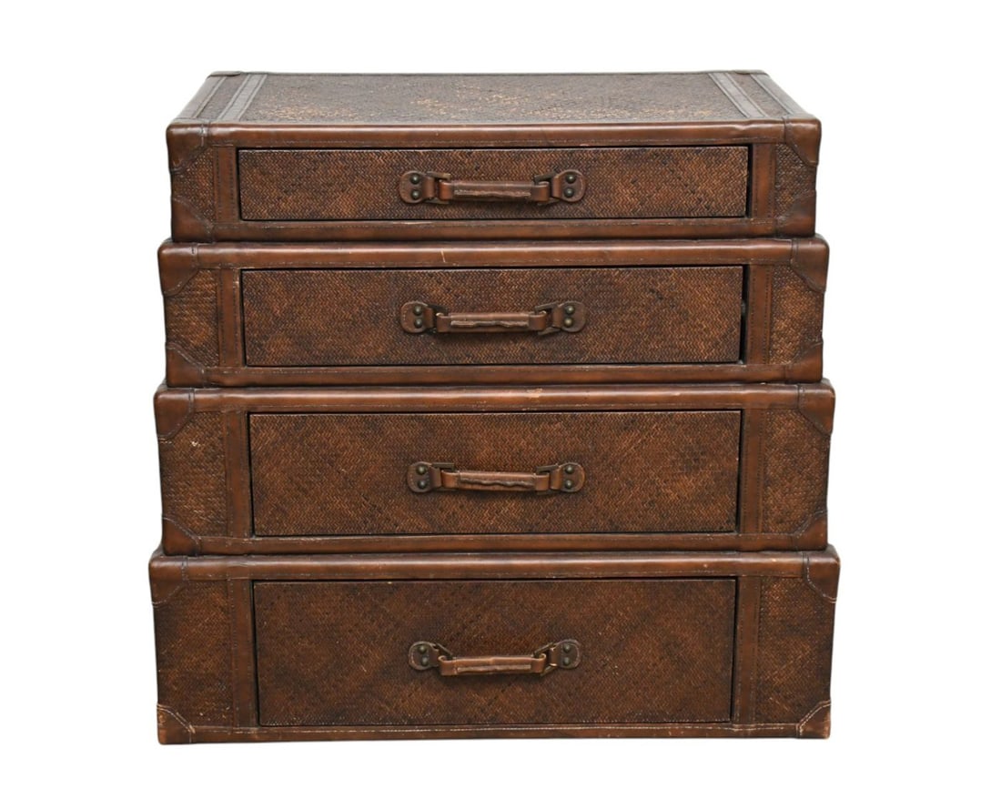 Side Table, 4 Woven Brown Stacked Graduated Suitcases, 32"h x 34"w x 18"d (worn) (1 of 6)