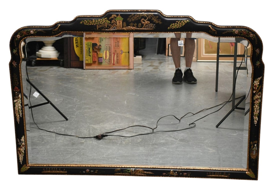 Black Chinese Motif Framed Beveled Glass Mirror, 38"h x 52"w (1 of 4)